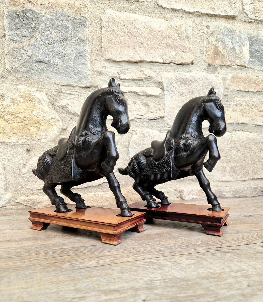 Fine Pair of Vintage Heavy Cast Bronze Tang-Style Chinese Horse Sculptures On Wooden Plinths