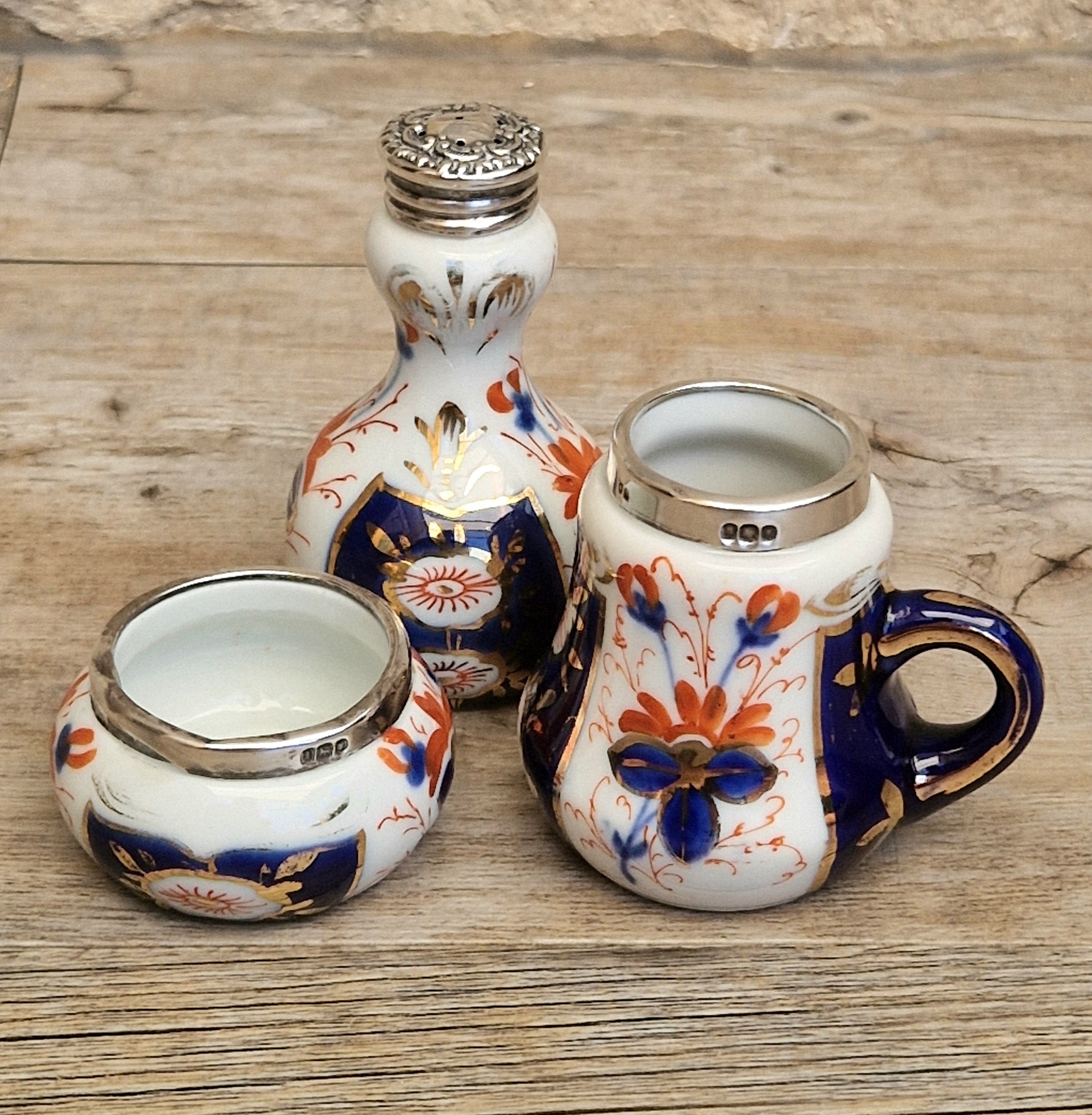 Antique 1904 London Sterling Silver Imari Cruet Set Salt Pepper Mustard Pot Victorian Condiment