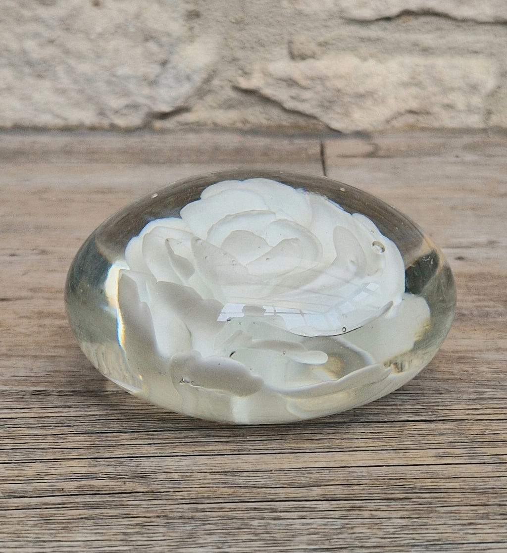 Vintage White Rose Lenticular Glass Paperweight