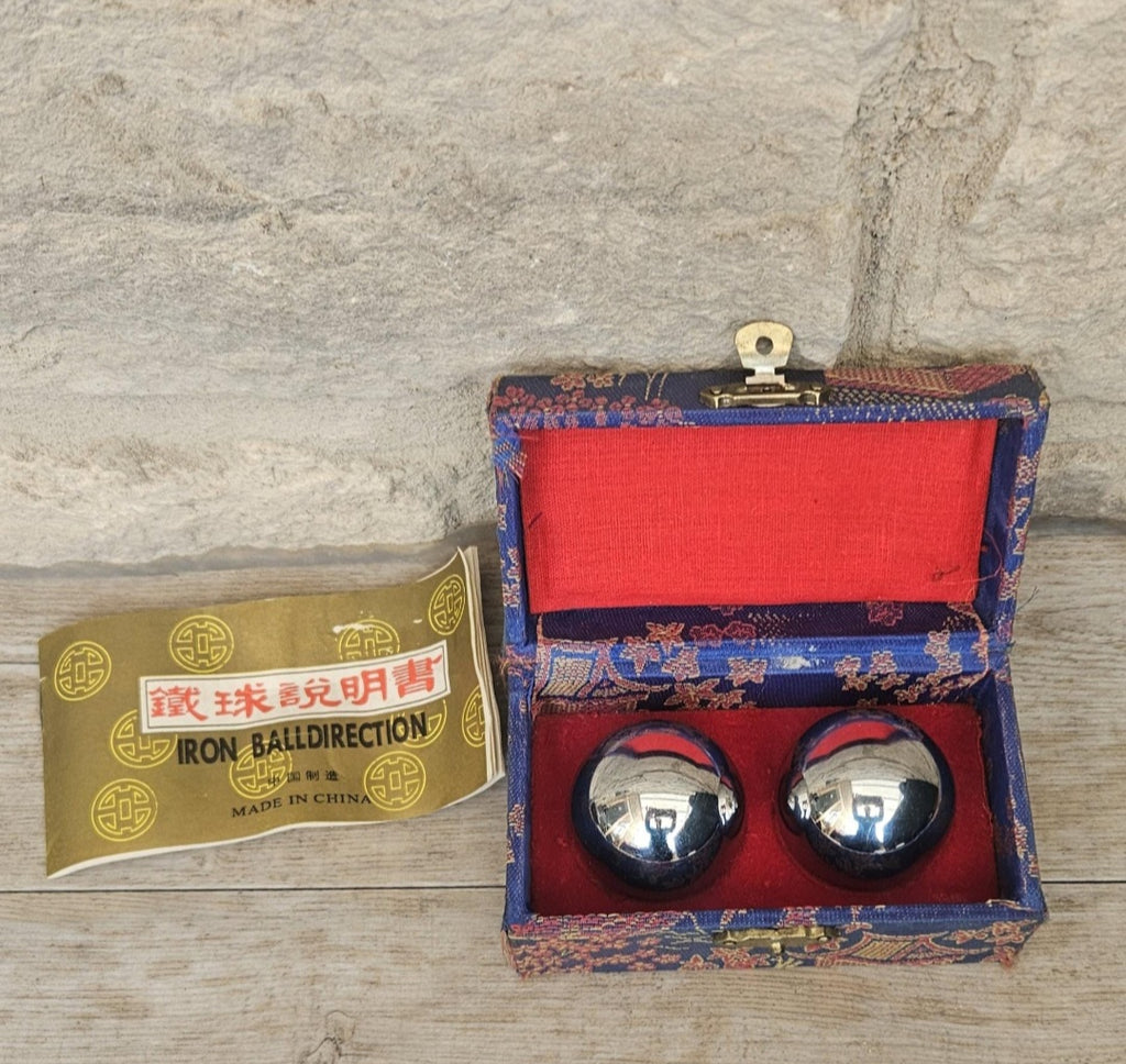 Vintage Boading Balls with Chimes Boxed Hand Therapy Stress Relief Exercise Meditation Healing Set Pair