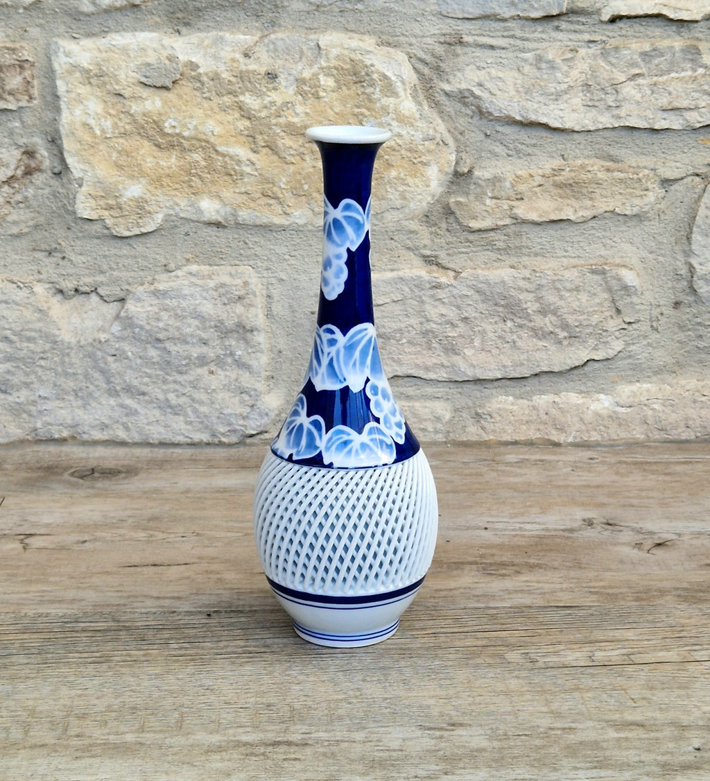 Japanese Arita Hasami Porcelain Vase Reticulated Open Lattice Cobalt Blue & White 24cm