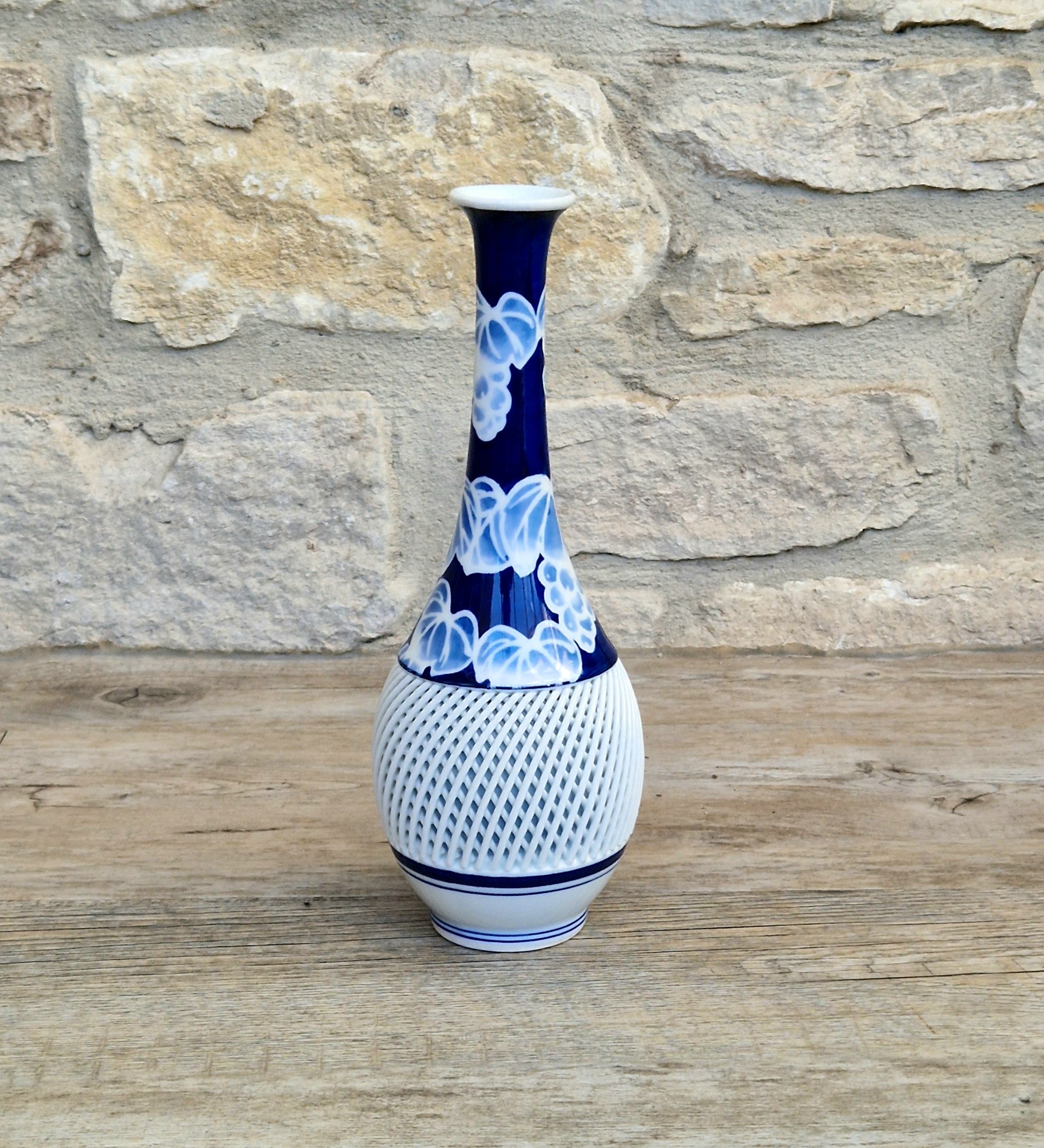 Japanese Arita Hasami Porcelain Vase Reticulated Open Lattice Cobalt Blue & White 24cm