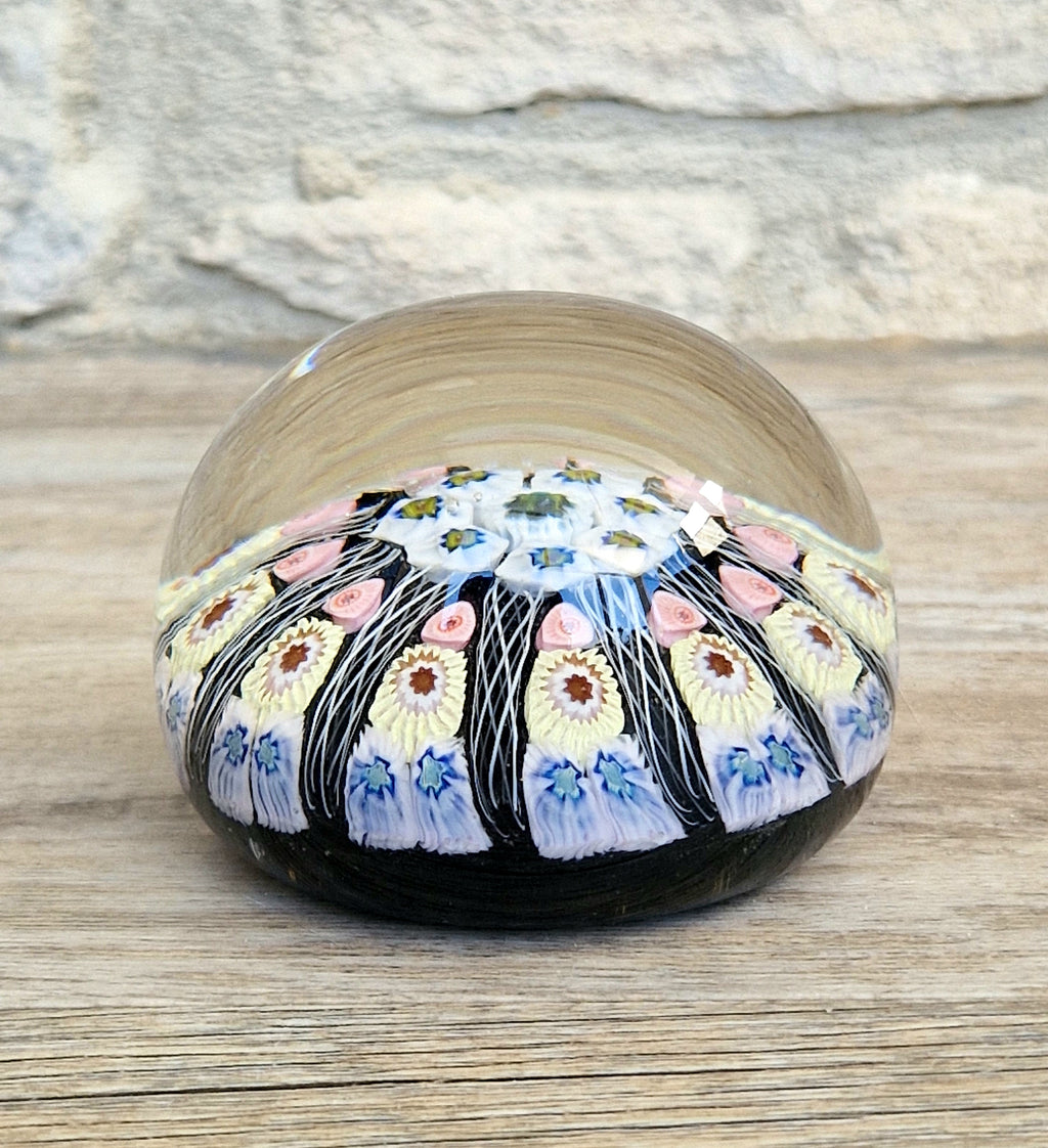 Strathearn Art Glass Paperweight 11 Spoke Millefiori with Filligree on Purple Ground Vintage