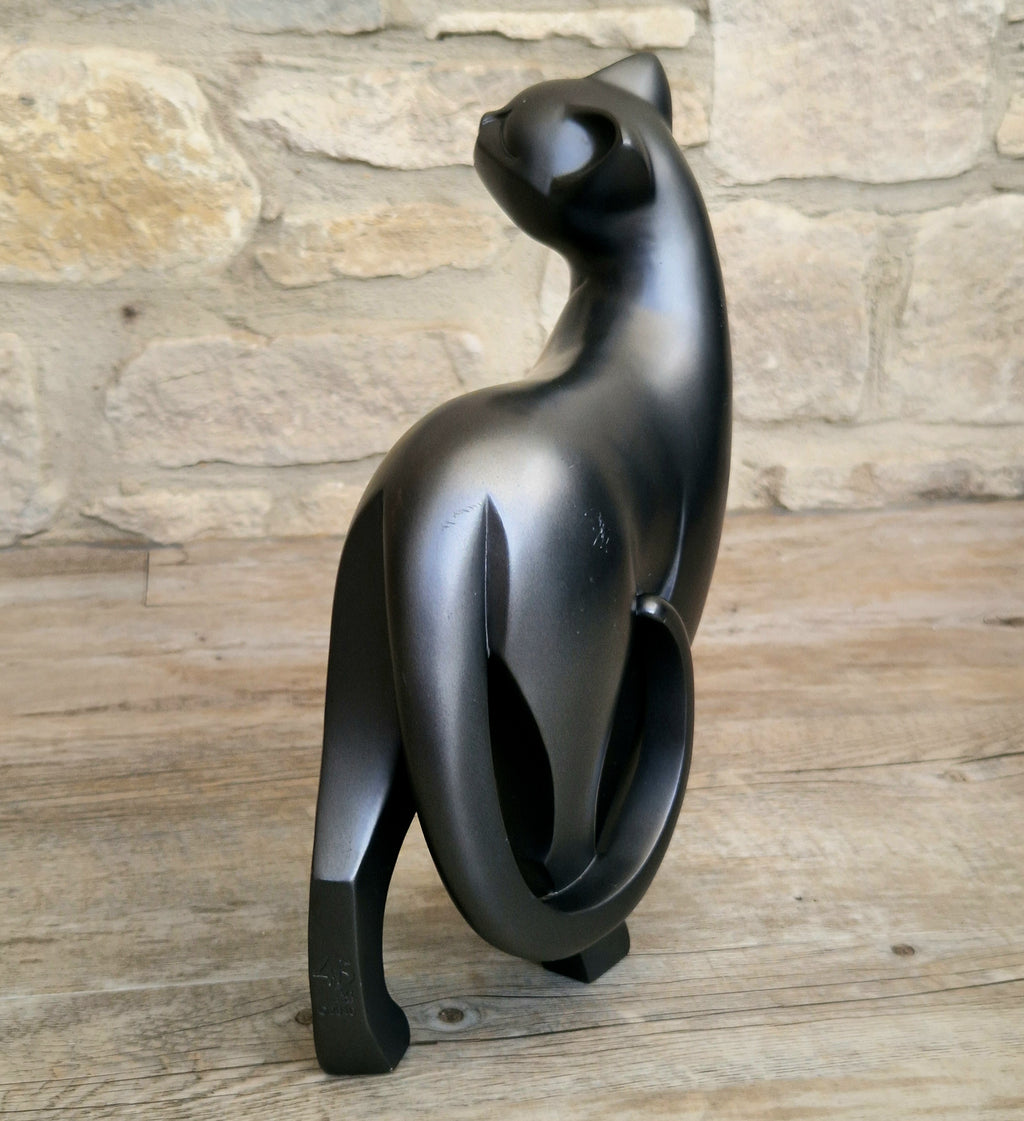 4D Art Cat Sculpture Figurine 2010 Black Animal Forms Stylized Matte Ornament 30cm