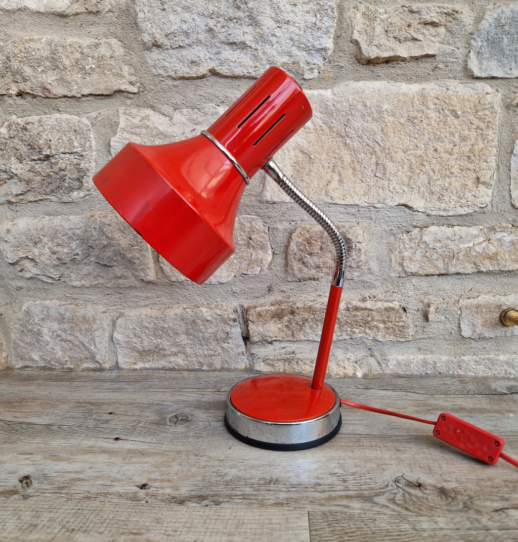 1980s Cherry Red Desk Lamp: Mid Century Space Age Flexible Lamp
