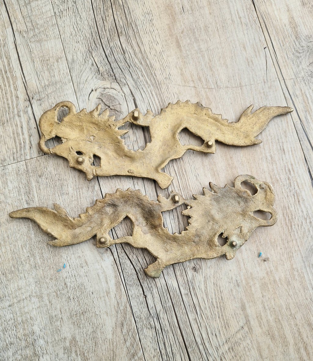 Pair Of Antique Heavy Cast Brass Chinese Dragons Wall Decoration or Door Pulls 22cm