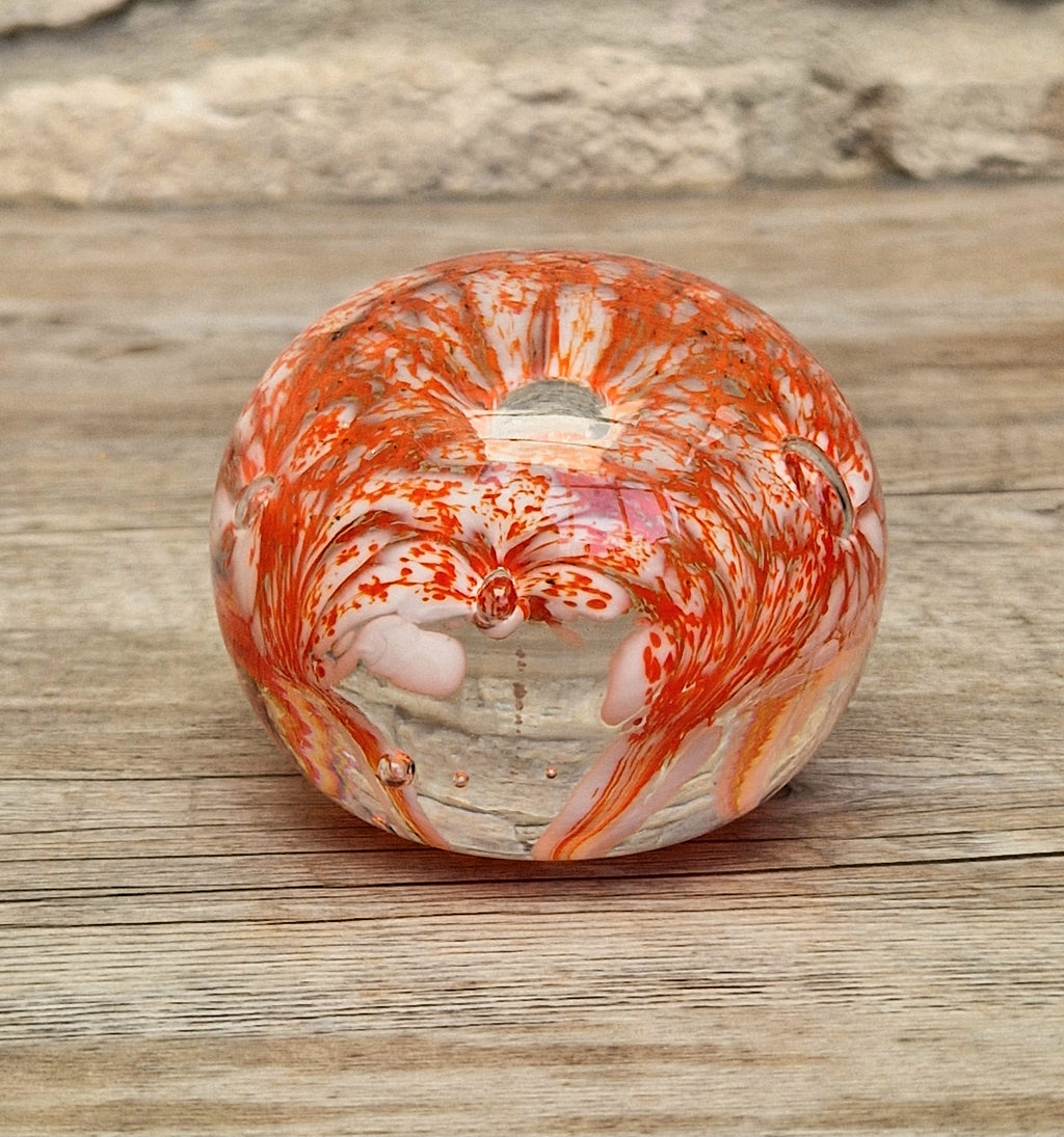 Vintage Rare Liskeard Glass Cornwall Orange & White Bubble Sphere Paperweight 1975