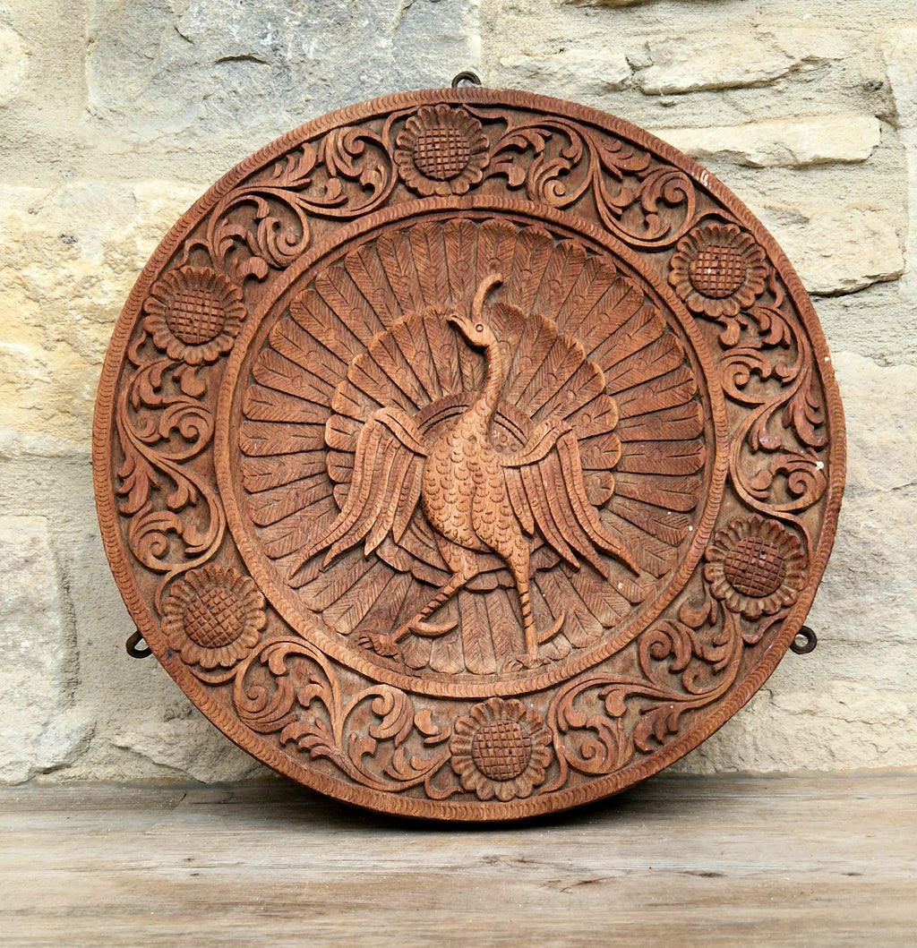 19th c. Colonial Anglo-Indian Hand-Carved Teak Wood Dancing Peacock Disc Panel 30cm