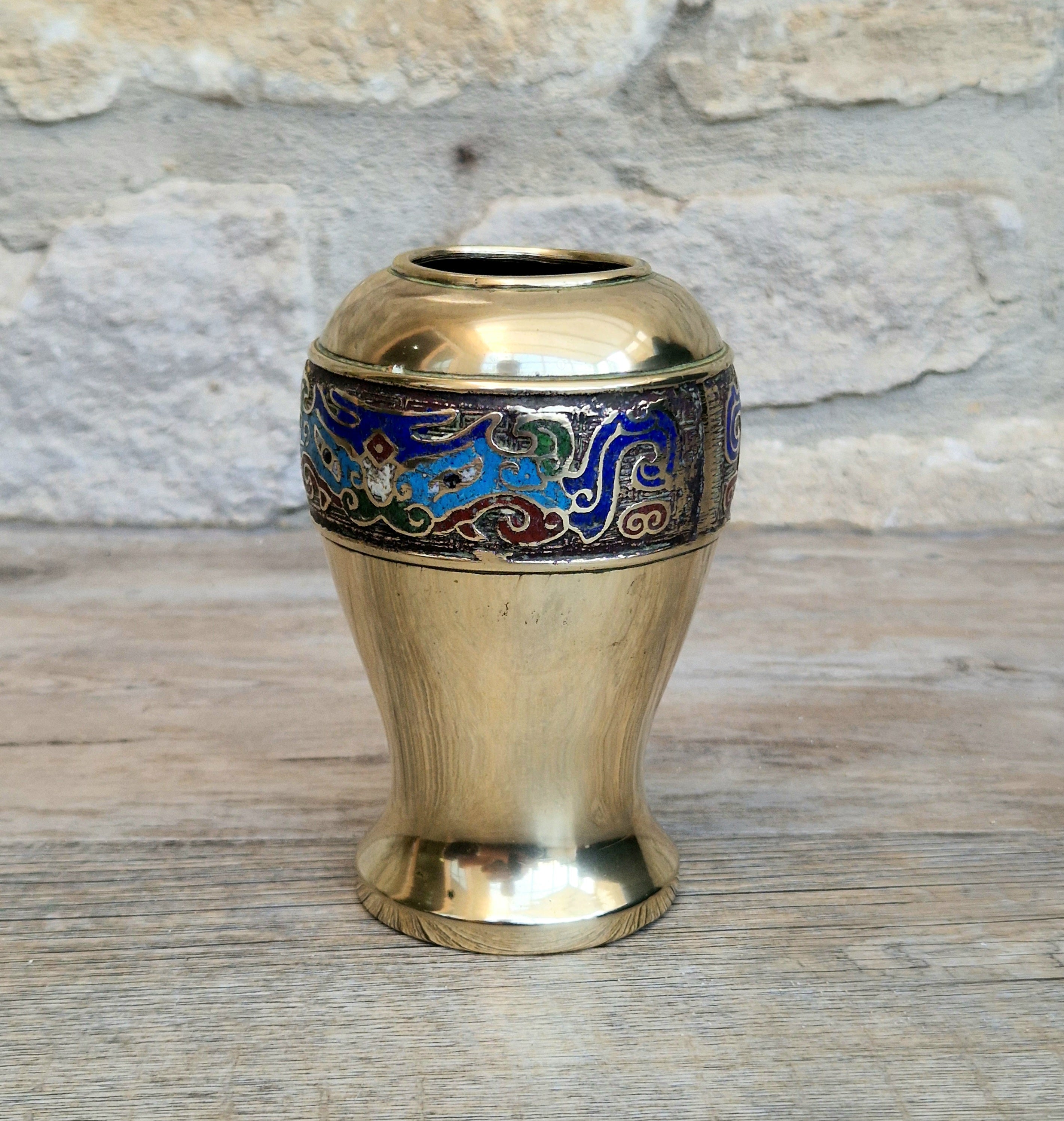 Chinese Late Qing Champleve Enamelled Bronze Small Vase 19th Century Antique