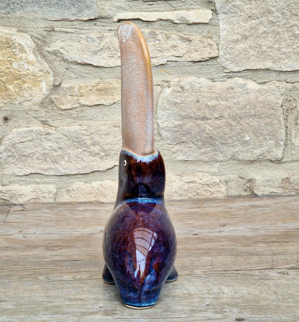 Rare 27cm Vintage Mid Century Ceramic Toucan Sculpture Mottled Treacle Blue Purple Art Pottery Bird