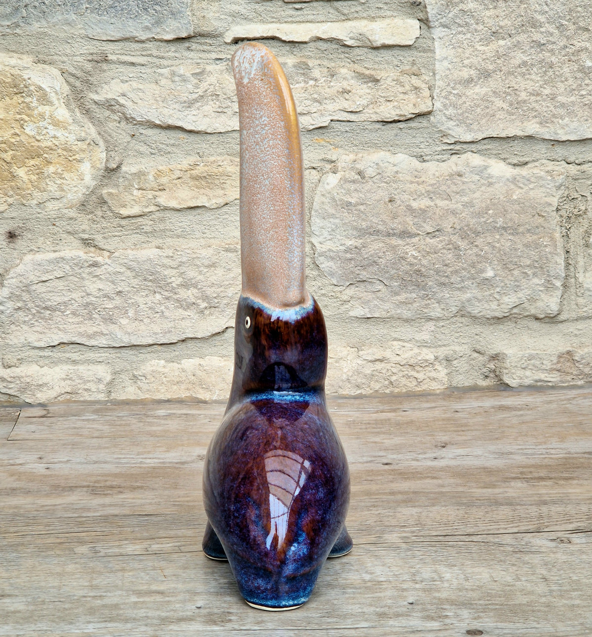 Rare 27cm Vintage Mid Century Ceramic Toucan Sculpture Mottled Treacle Blue Purple Art Pottery Bird