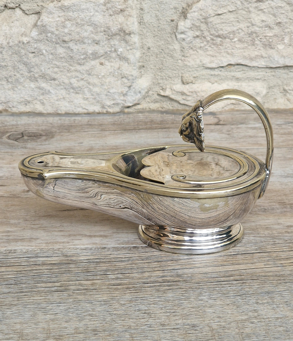 Antique Victorian Silver Plated Spoon Warmer Brass Oil Lamp Style Lion Mask Handle
