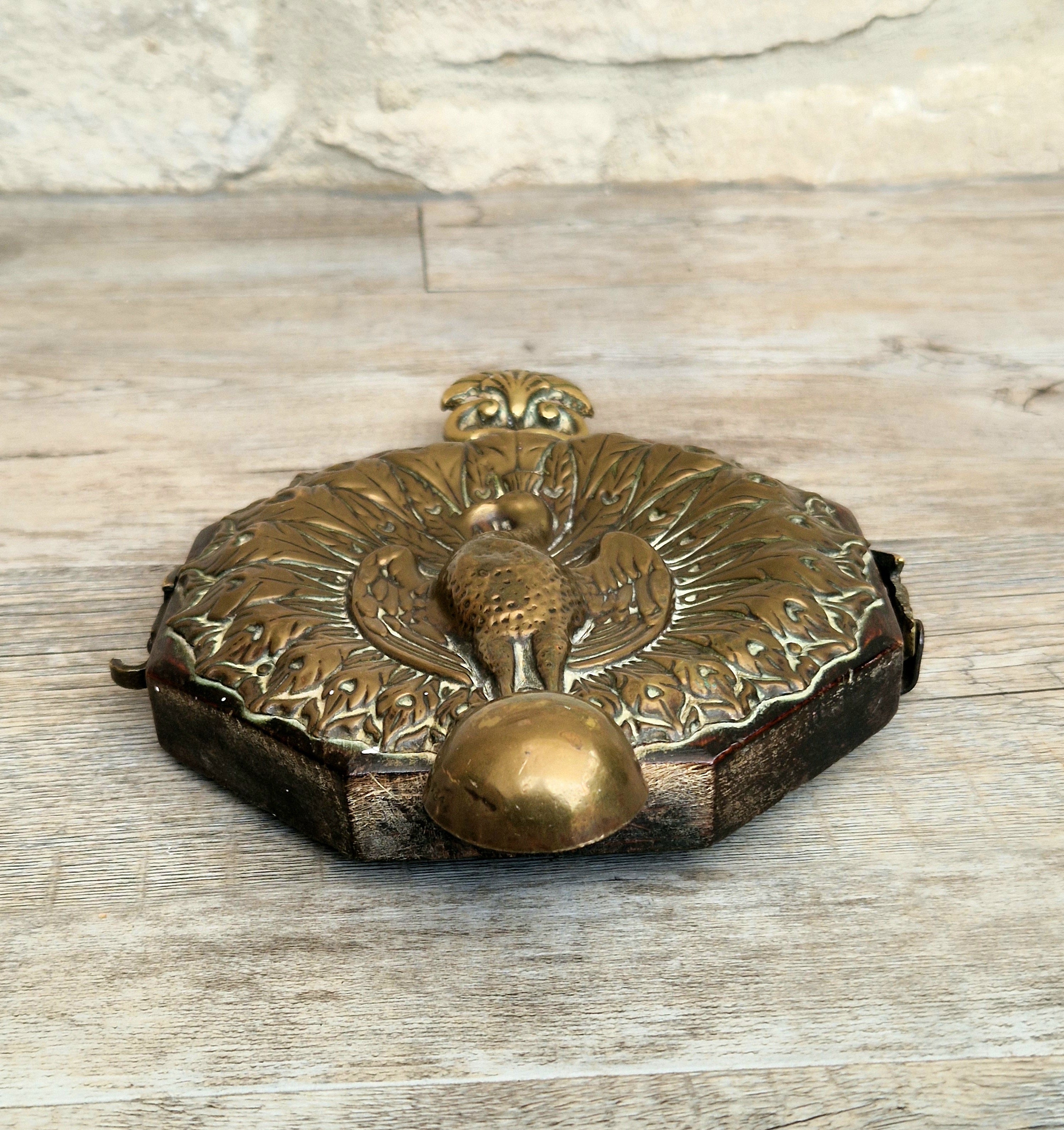 Fine Rare Antique Repousse Brass Peacock Finial English Aesthetic Movement Fumed Oak Decorative Plaque