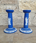 Vintage Wedgwood Jasperware Candlestick Pair: Dark Blue Taper Candle Holders