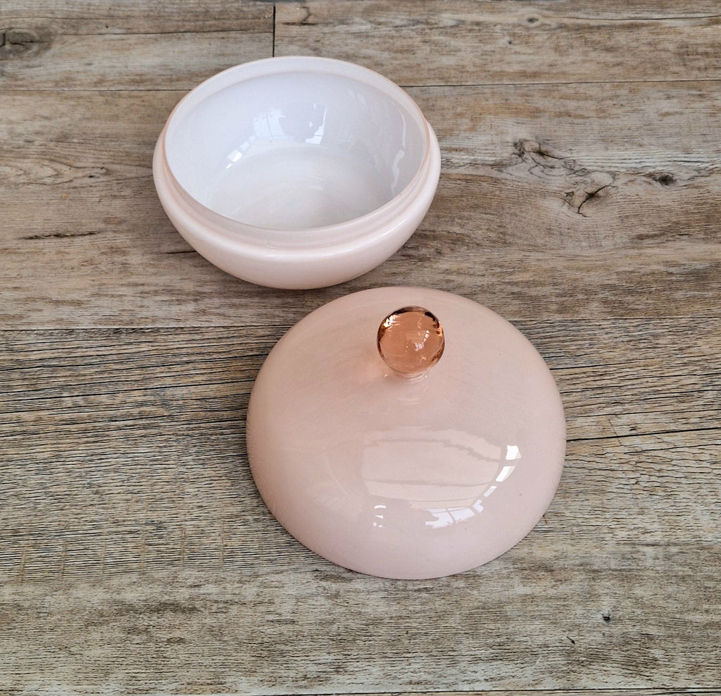Vintage Large Opaline Pink Glass Lidded Powder Box Trinket Dish Art Deco Decor
