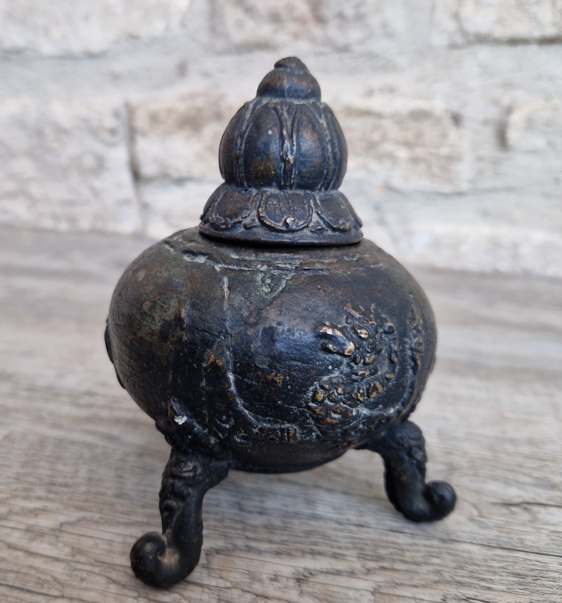 Ancient Chinese Bronze Tri-Foot Lidded Censer Mythic Creatures Reliefs