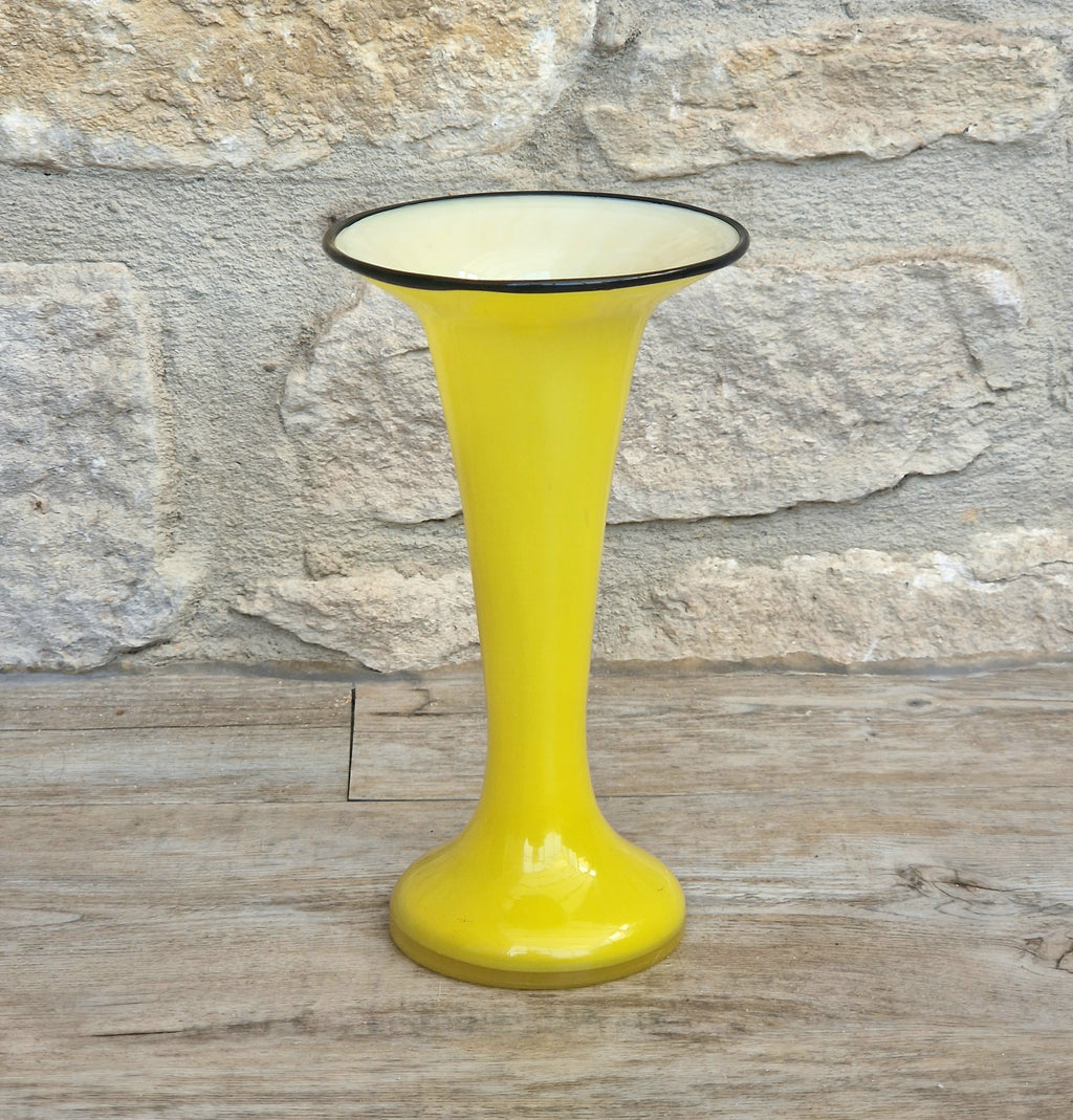 Vintage Bright Yellow Tango Glass Trumpet Vase with Black Rim 16cm