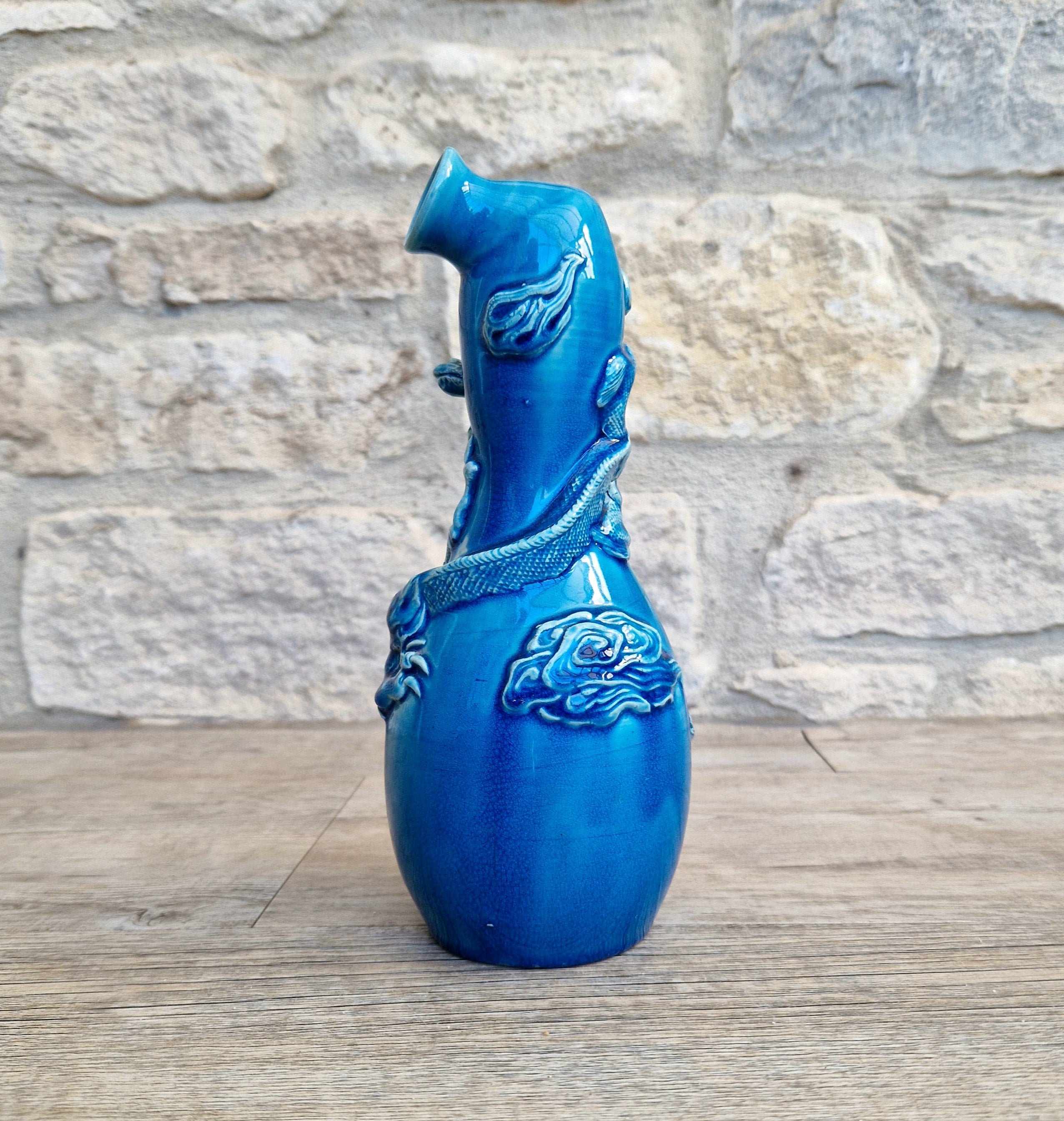 Antique Japanese Awaji Meiji Period Turquoise Pottery Dragon Bottle Vase
