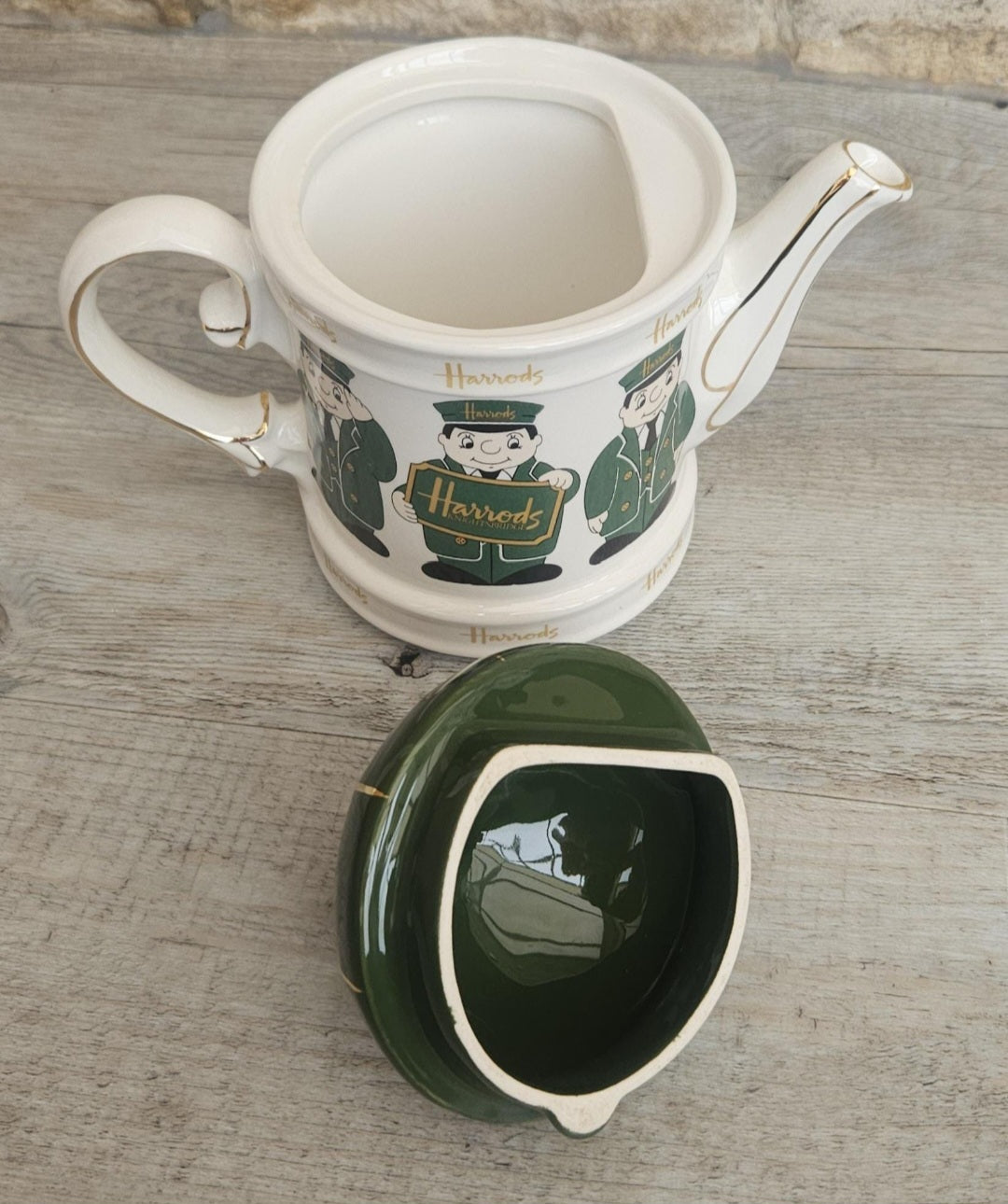 Vintage Harrods Teapot Green & Gold Doormen Motif, James Sadler England Harrods Logo