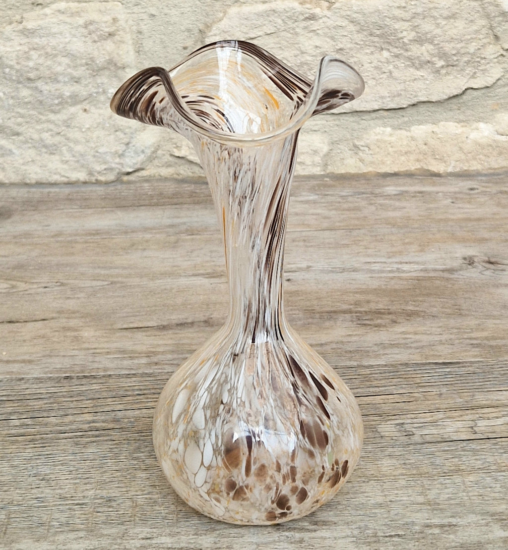 Vintage Art Glass Confetti Vase, Handblown Clear Glass with White, Amber, Brown Flecks, Flared Rim