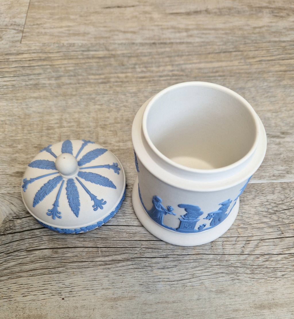 Wedgwood Jasperware Neo Classical Lidded Pot Reverse Blue on White Vintage Wedgwood Made in England