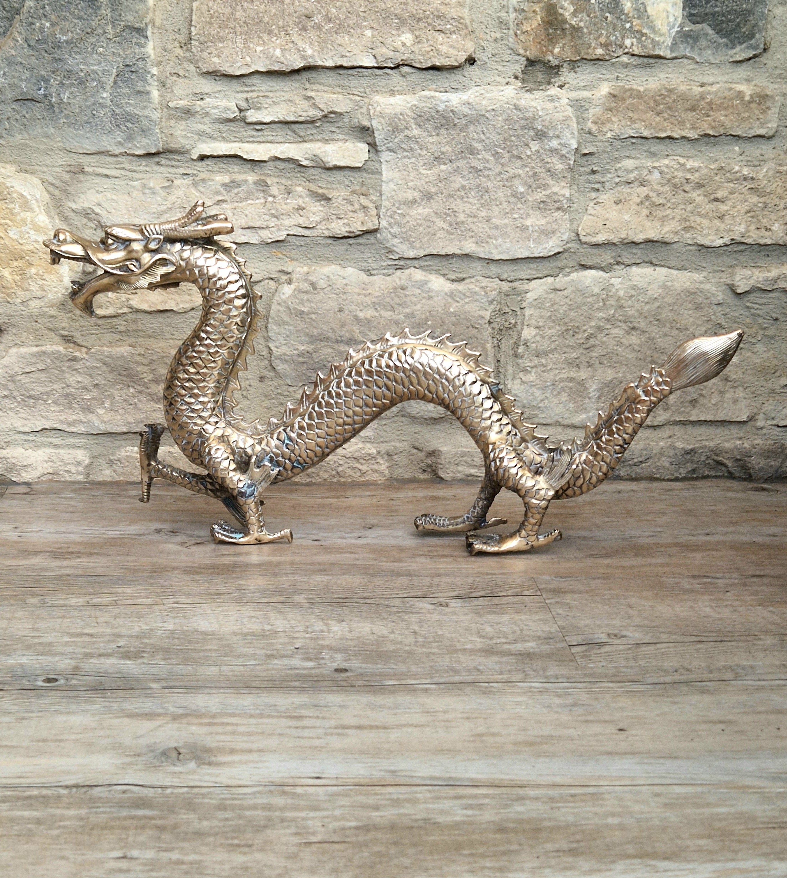Mid Century High Quality Large Sand-Cast Brass Heavy Chinese Mythical Dragon Figure 51cm