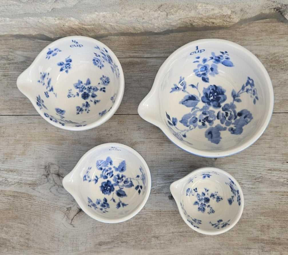 Laura Ashley Ceramics Measuring Cups Petite Fleur Blue White Floral Nesting Set x4 Kitchen