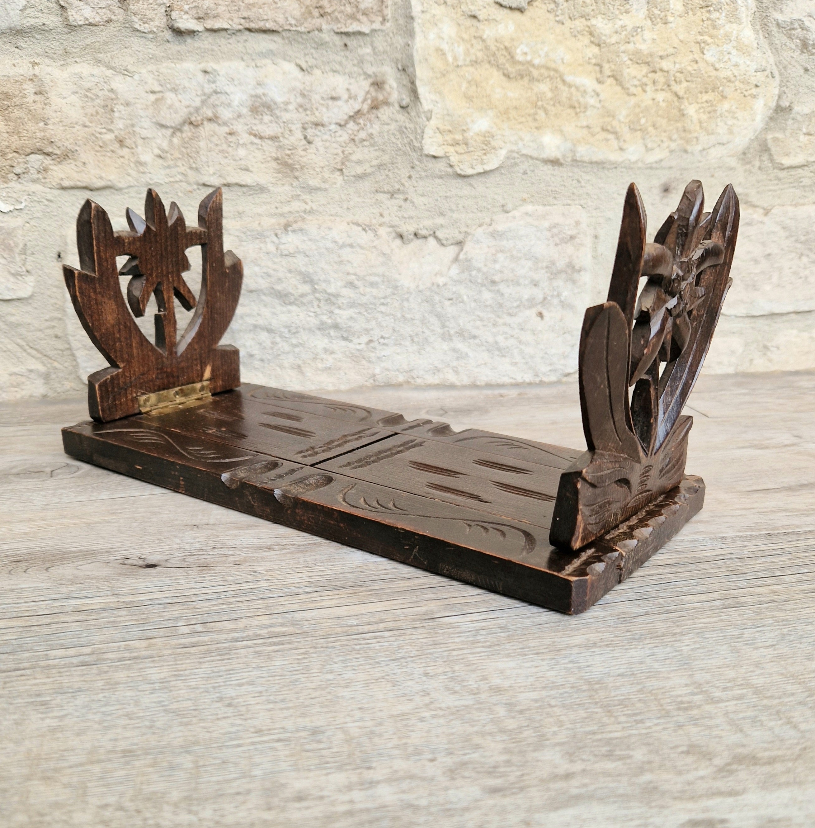 Antique Black Forest Carved Bookslide Continental Fruitwood Extending Book Shelf Rest c.1910