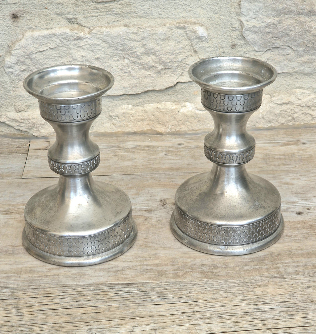 Vintage Norwegian Pewter Candlesticks Pair Olav Cook Mid Century Scandinavian Viking Decor