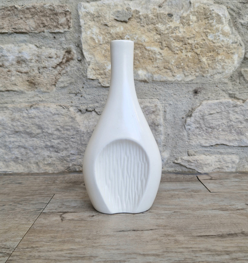 Fulham Pottery White Vase Satin Glaze Textured Cut Away Design Stem Vase Vintage