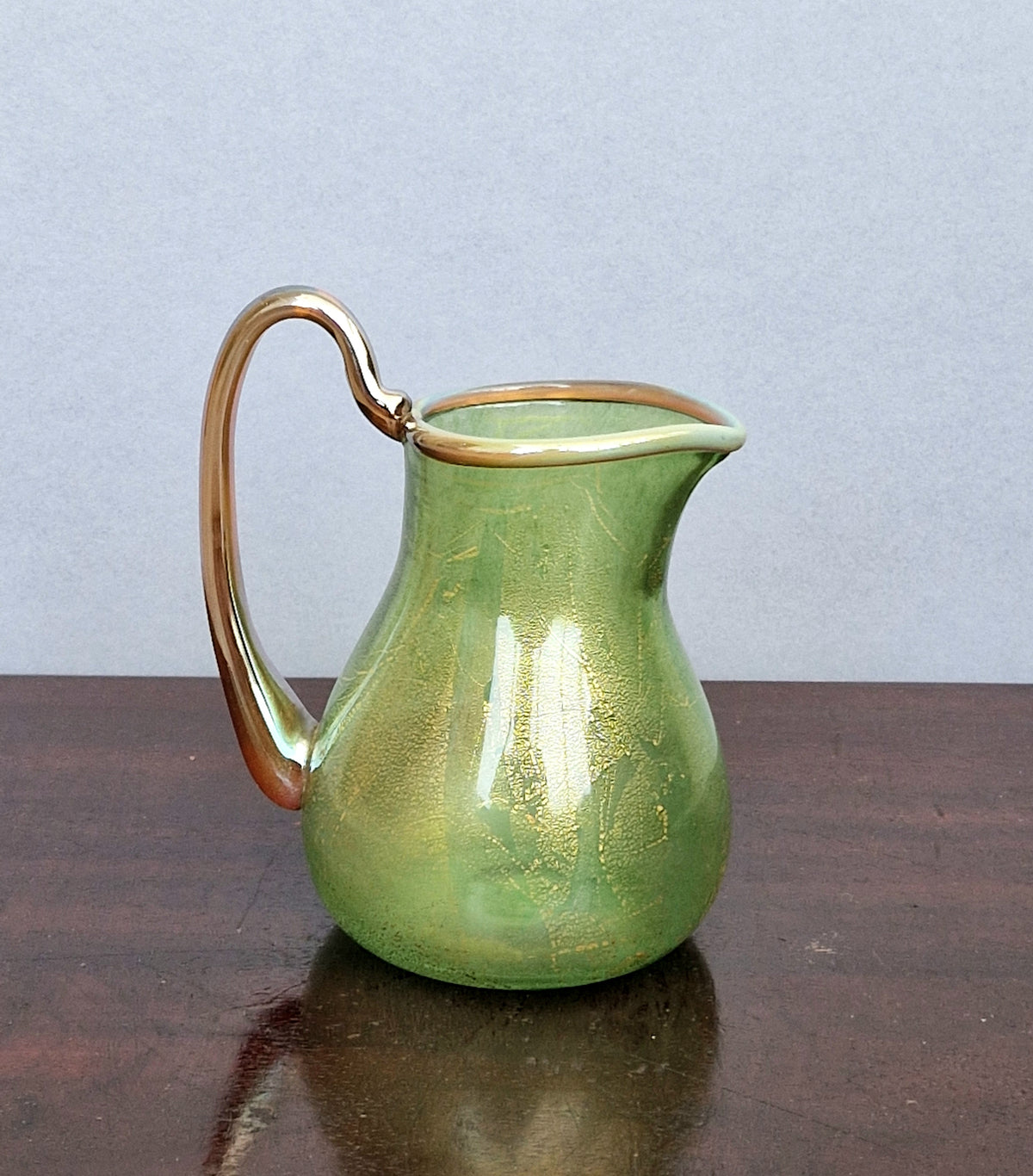 Antique Probable Salviati Dott. Murano Glass Jug, Green Gold Leaf, Venetian c.1875–1890, Handblown 13.5cm Rare