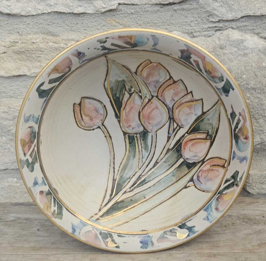 Vintage Tulip Flower Pottery Bowl Decorative Gold Gilt Handmade 21cm Diameter Signed