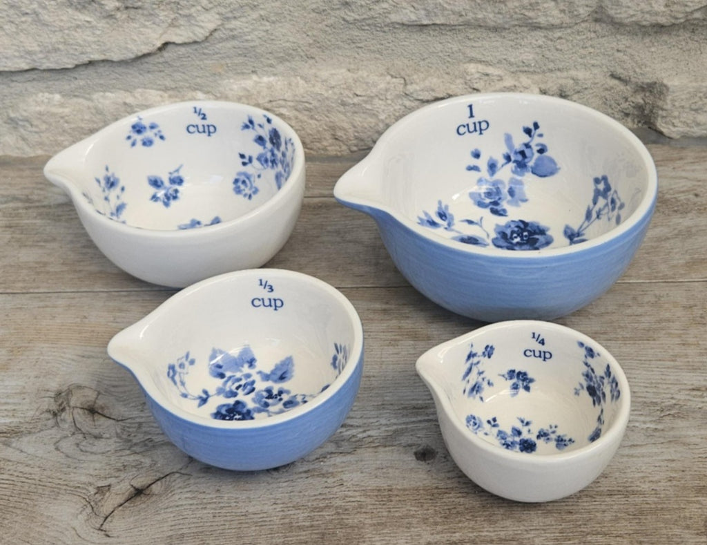 Laura Ashley Ceramics Measuring Cups Petite Fleur Blue White Floral Nesting Set x4 Kitchen