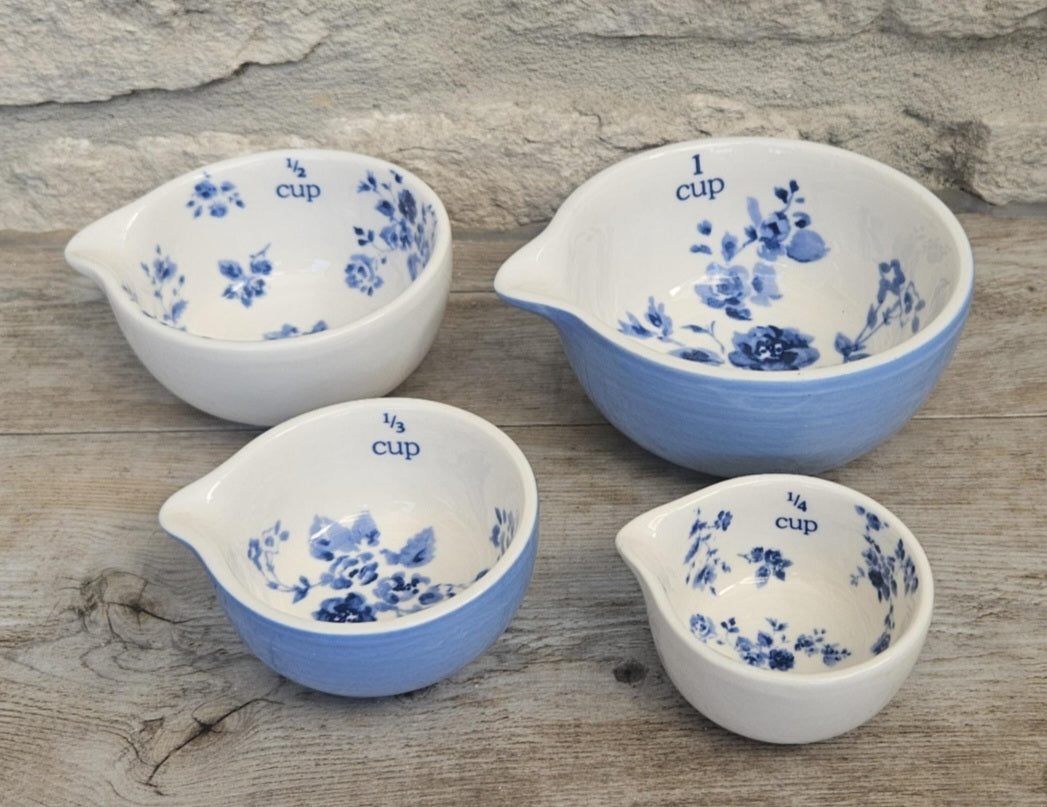 Laura Ashley Ceramics Measuring Cups Petite Fleur Blue White Floral Nesting Set x4 Kitchen