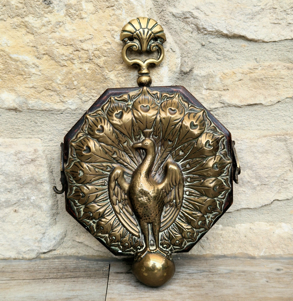 Fine Rare Antique Repousse Brass Peacock Finial English Aesthetic Movement Fumed Oak Decorative Plaque