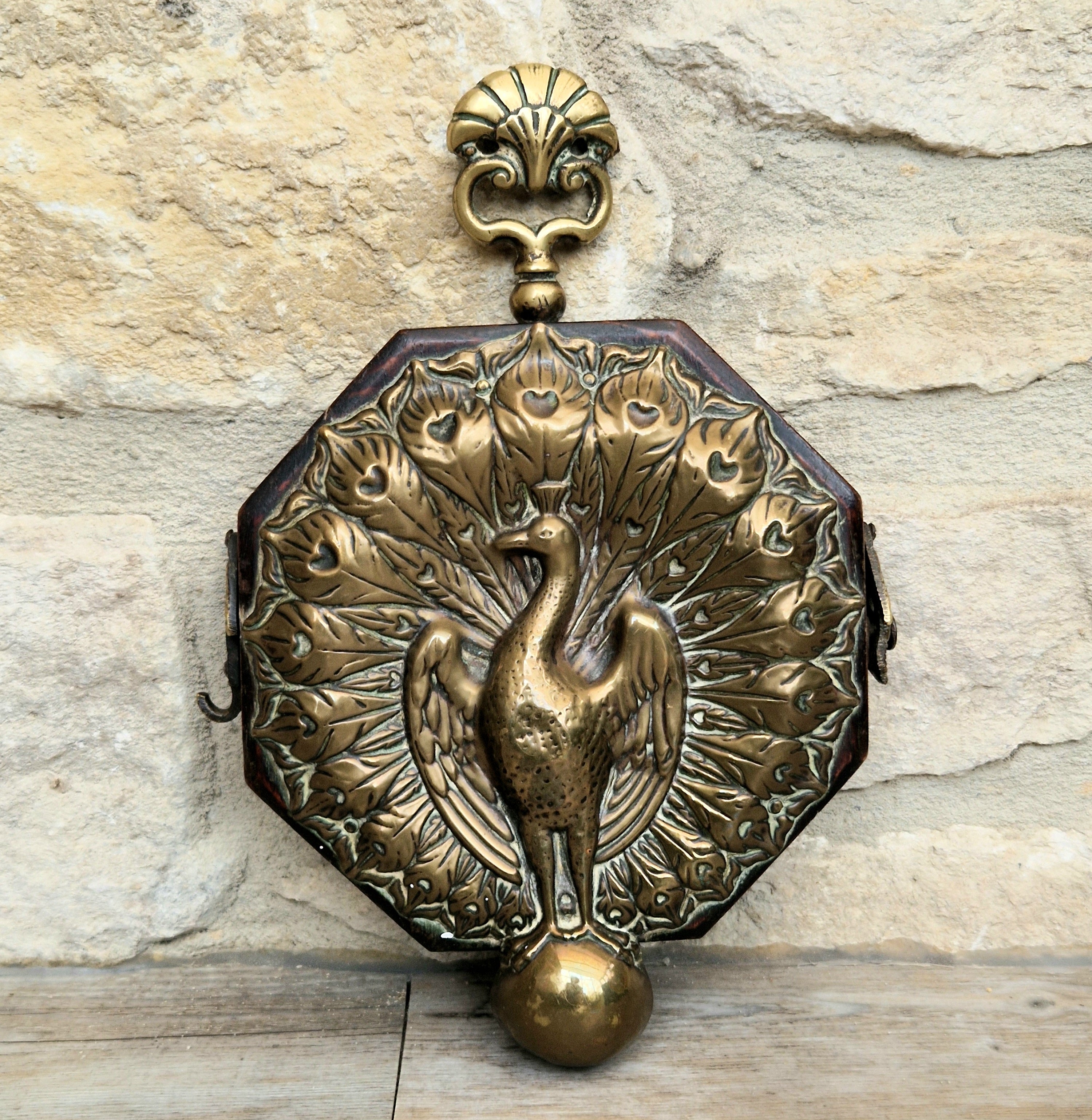 Fine Rare Antique Repousse Brass Peacock Finial English Aesthetic Movement Fumed Oak Decorative Plaque