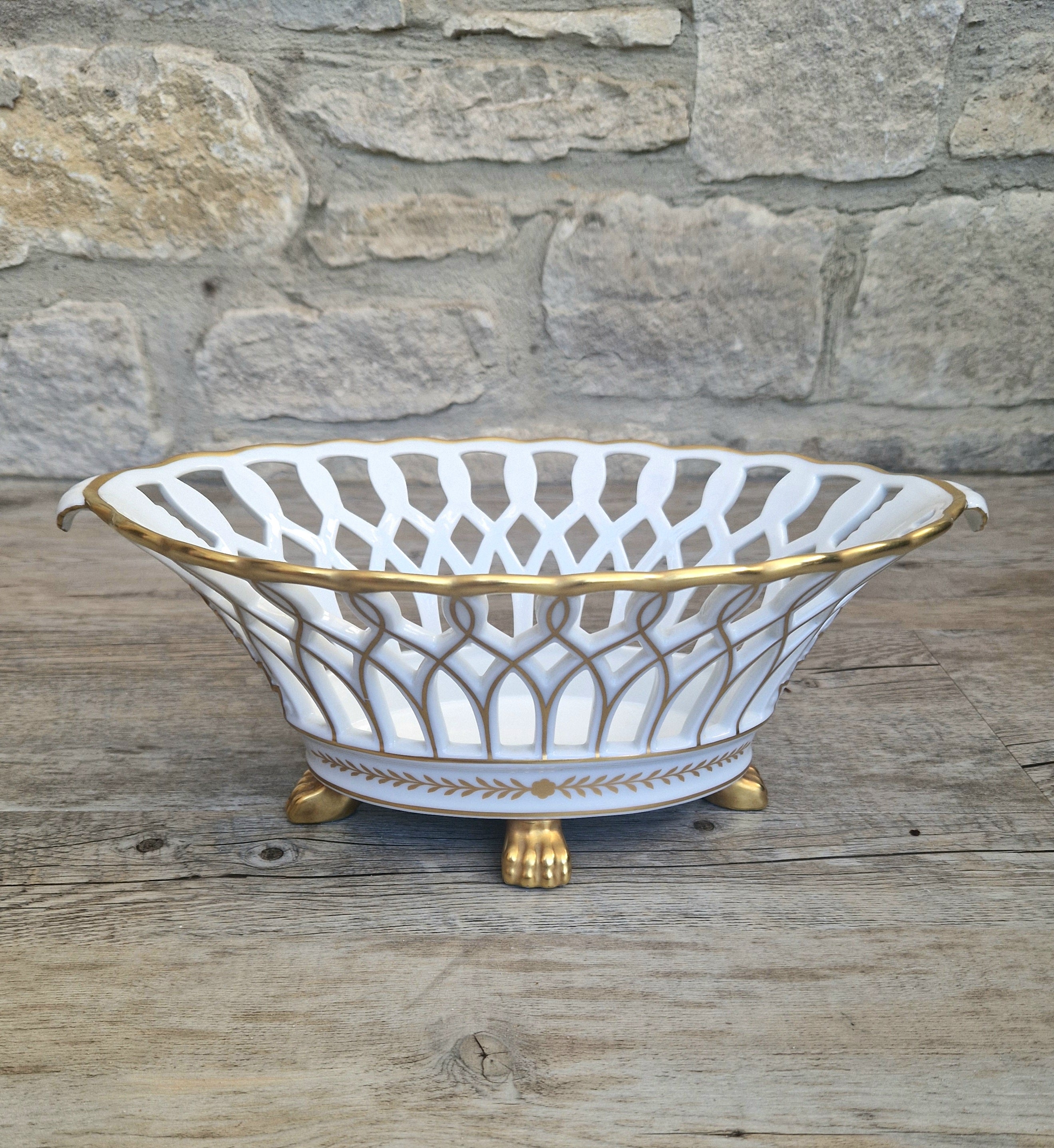 Large Vista Alegre Reticulated White & Gold Ceramic Basket Fruit Bowl Old Paris Style