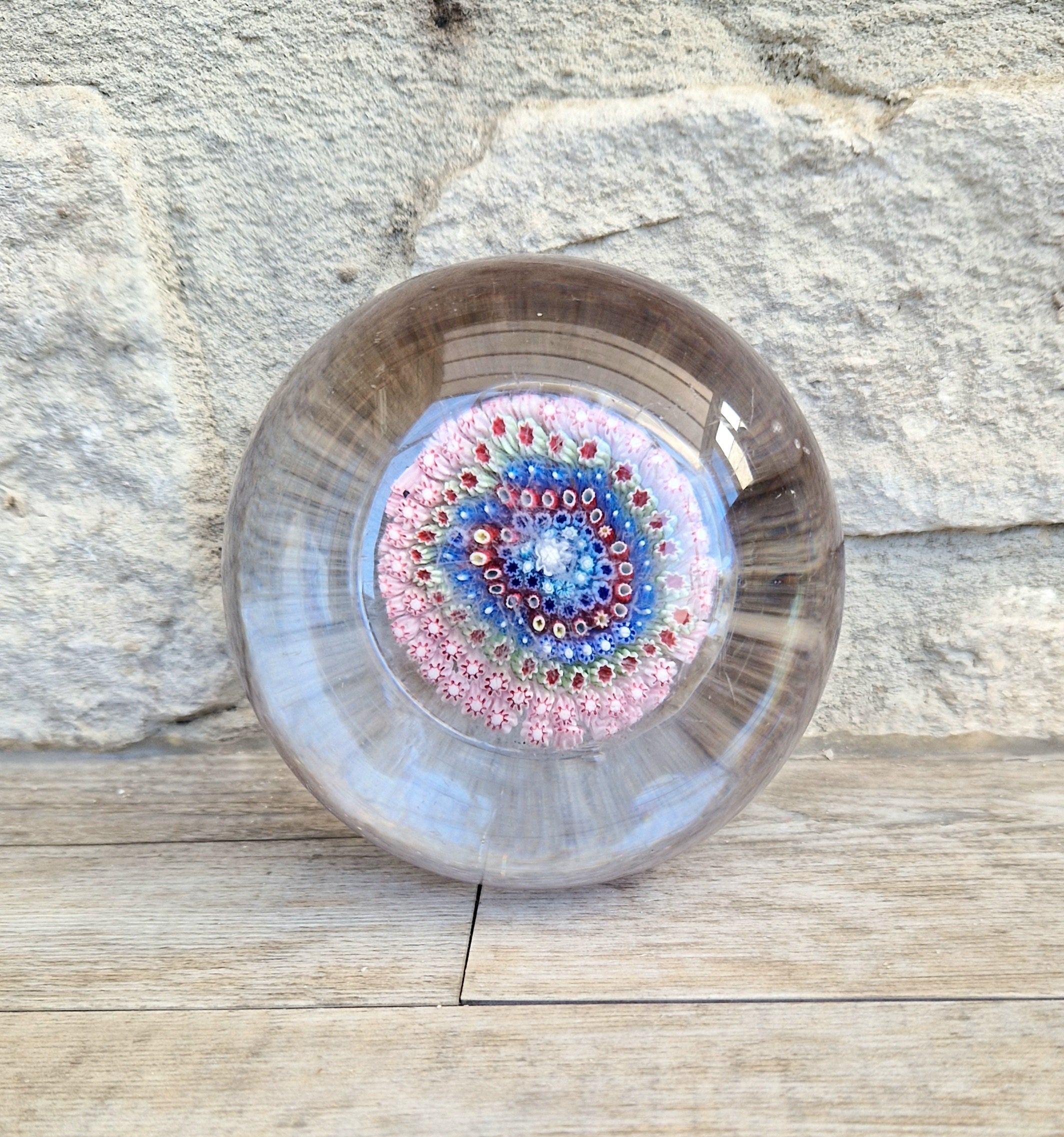 Old English Richardsons Magnum Concentric Millifiore Canes Footed Glass Paperweight