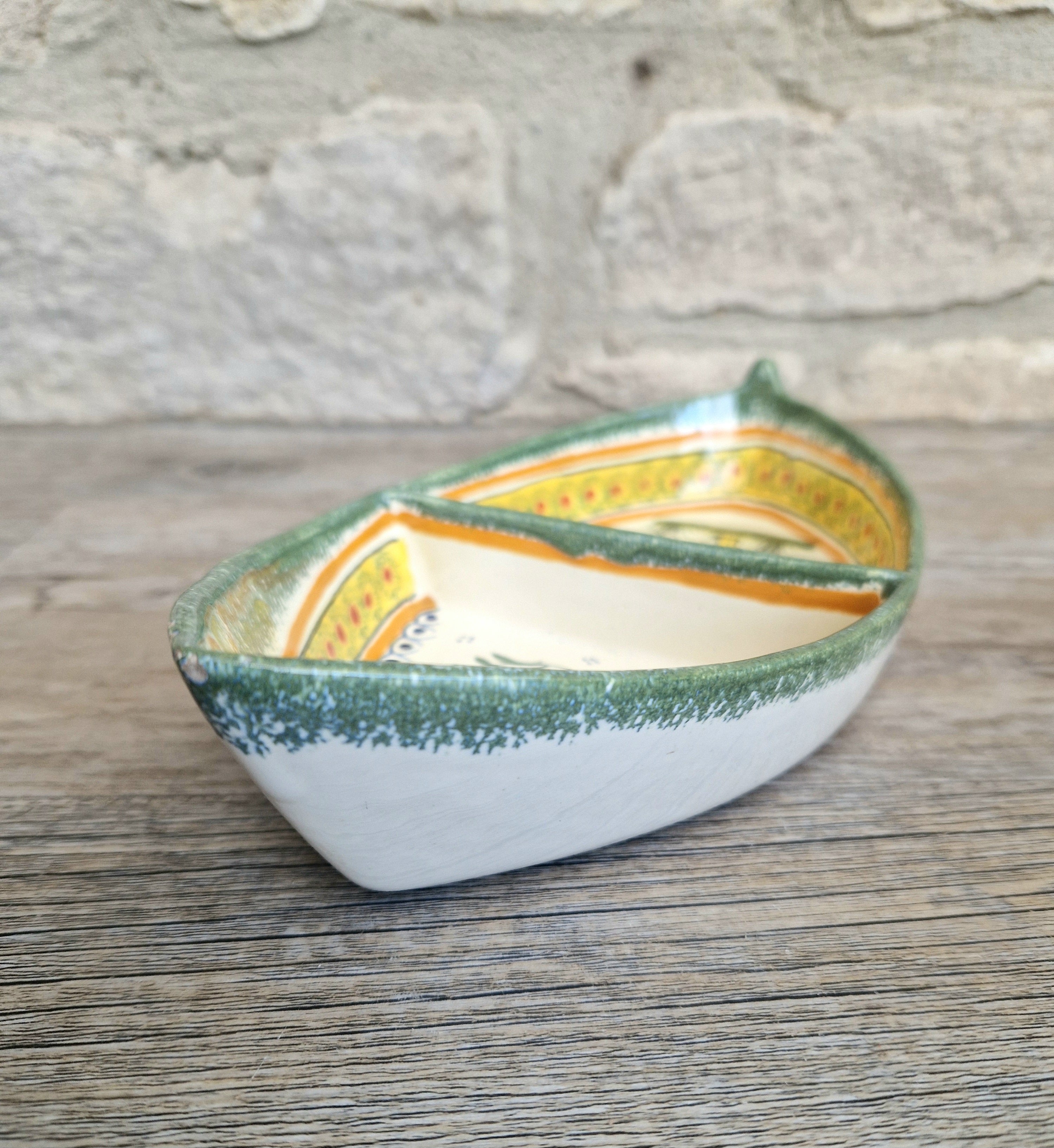 Vintage Henriot Quimper Faience Ceramic Boat Shape Divided Serving Dish