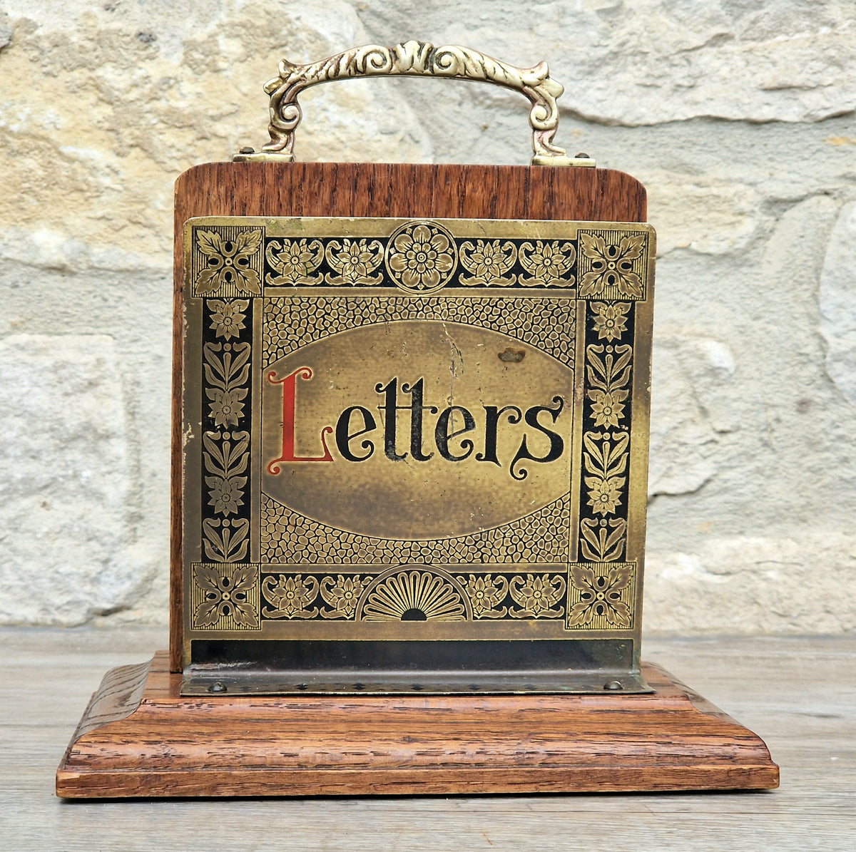 Antique Arts & Crafts Brass And Quarter Sawn Oak Gentleman's Handled Double Letter Rack Stand