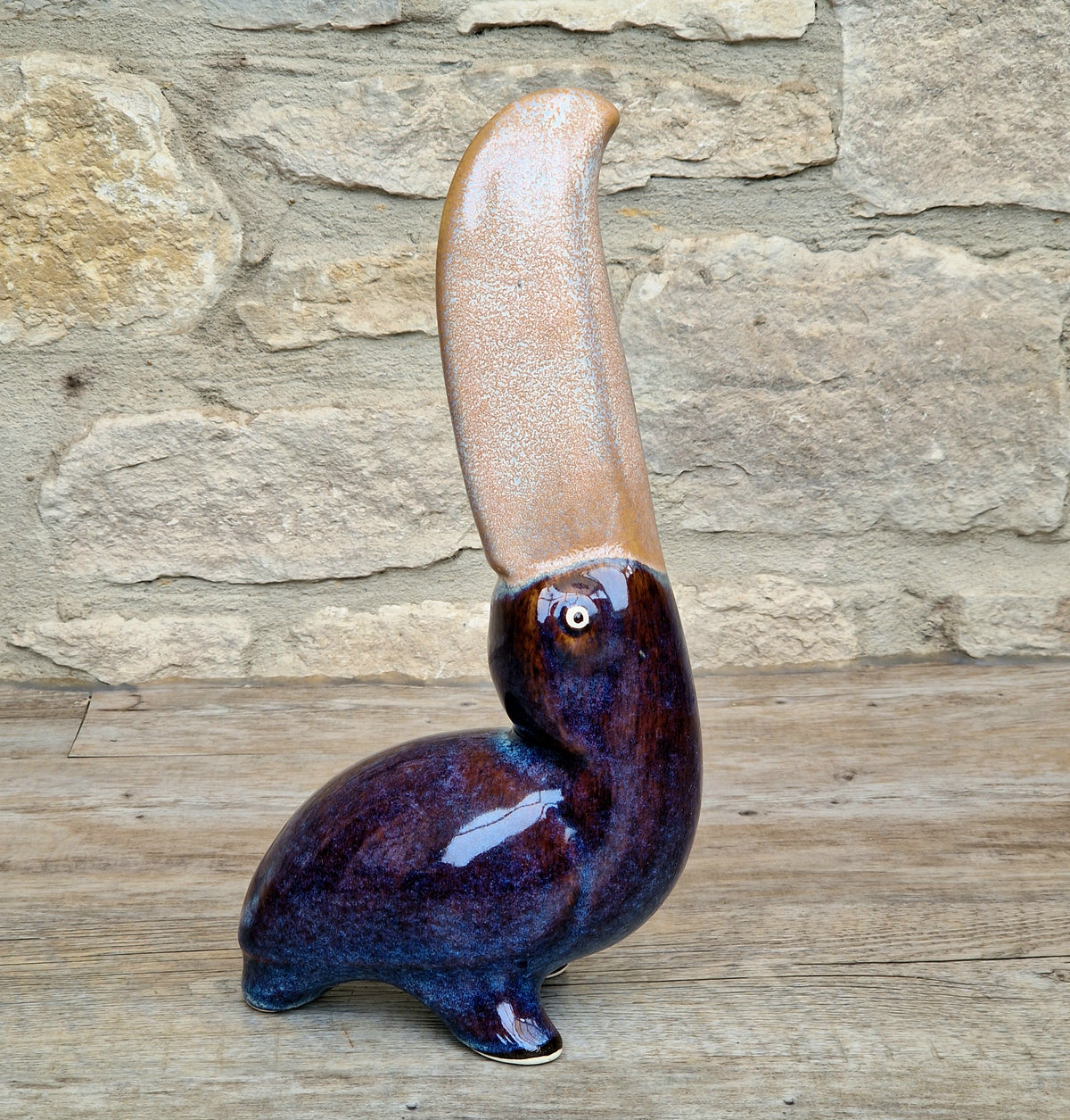 Rare 27cm Vintage Mid Century Ceramic Toucan Sculpture Mottled Treacle Blue Purple Art Pottery Bird