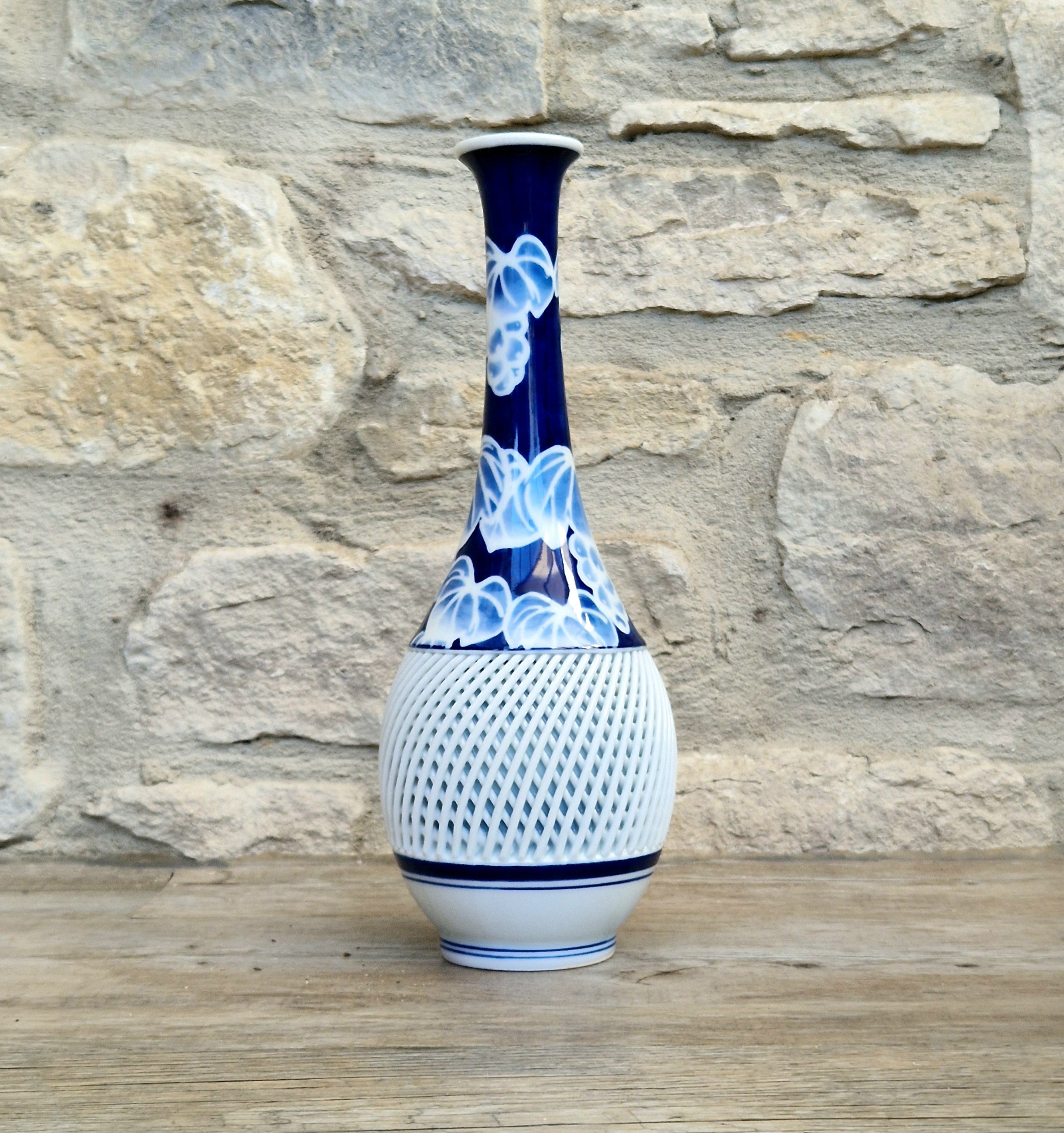 Japanese Arita Hasami Porcelain Vase Reticulated Open Lattice Cobalt Blue & White 24cm