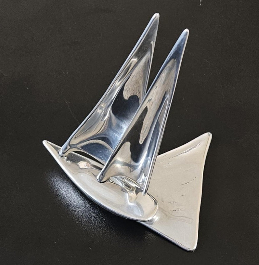 Vintage Small Hoselton Sailing Boat Art Sculpture Nautical Maritime Canadian Artist Cast Aluminum 16cm Tall X 13.5 Across