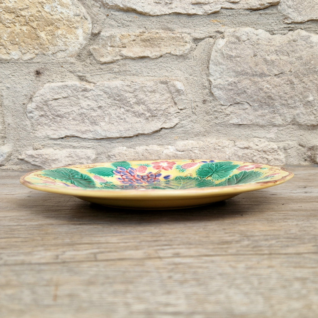 Rare Vintage Wedgwood Majolica Yellow Ground Strawberry Vine Plate 1930s English Pottery Exceptional Condition Grape Leaf & Berries