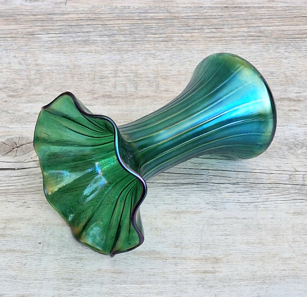 Antique Loetz Art Nouveau Creta Glatt Iridescent Green Glass Fluted Vase Polished Pontil c1900