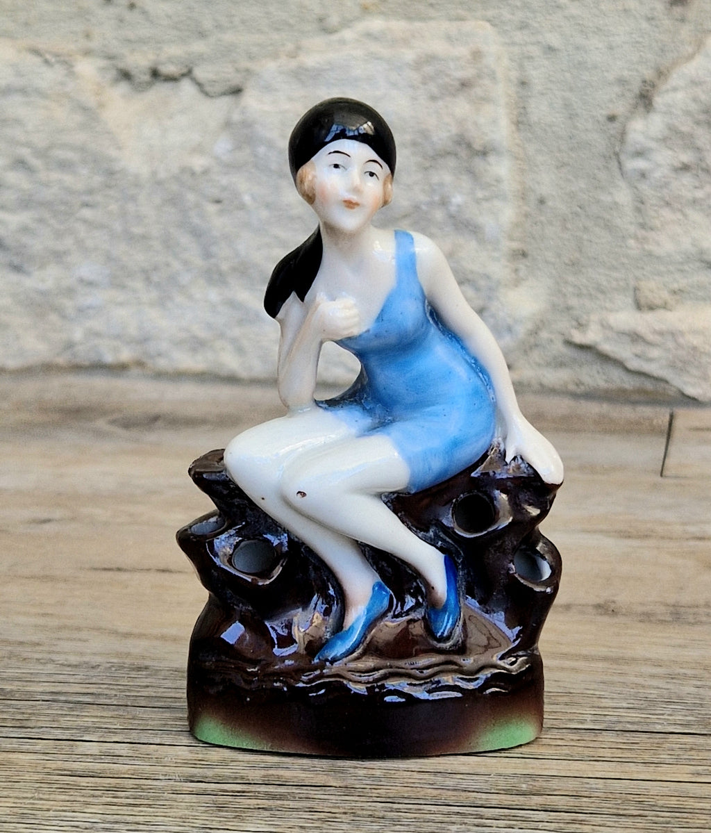 Art Deco Flapper Girl Bathing Belle Figure Ornament Ceramic Hat Pin Holder Continental 1930's
