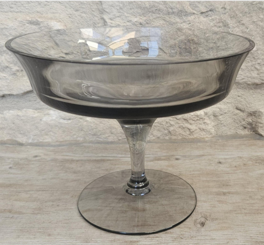 Midcentury Small Glass Compote Tazza By Wedgwood Smoky Glass Made in England Stamped