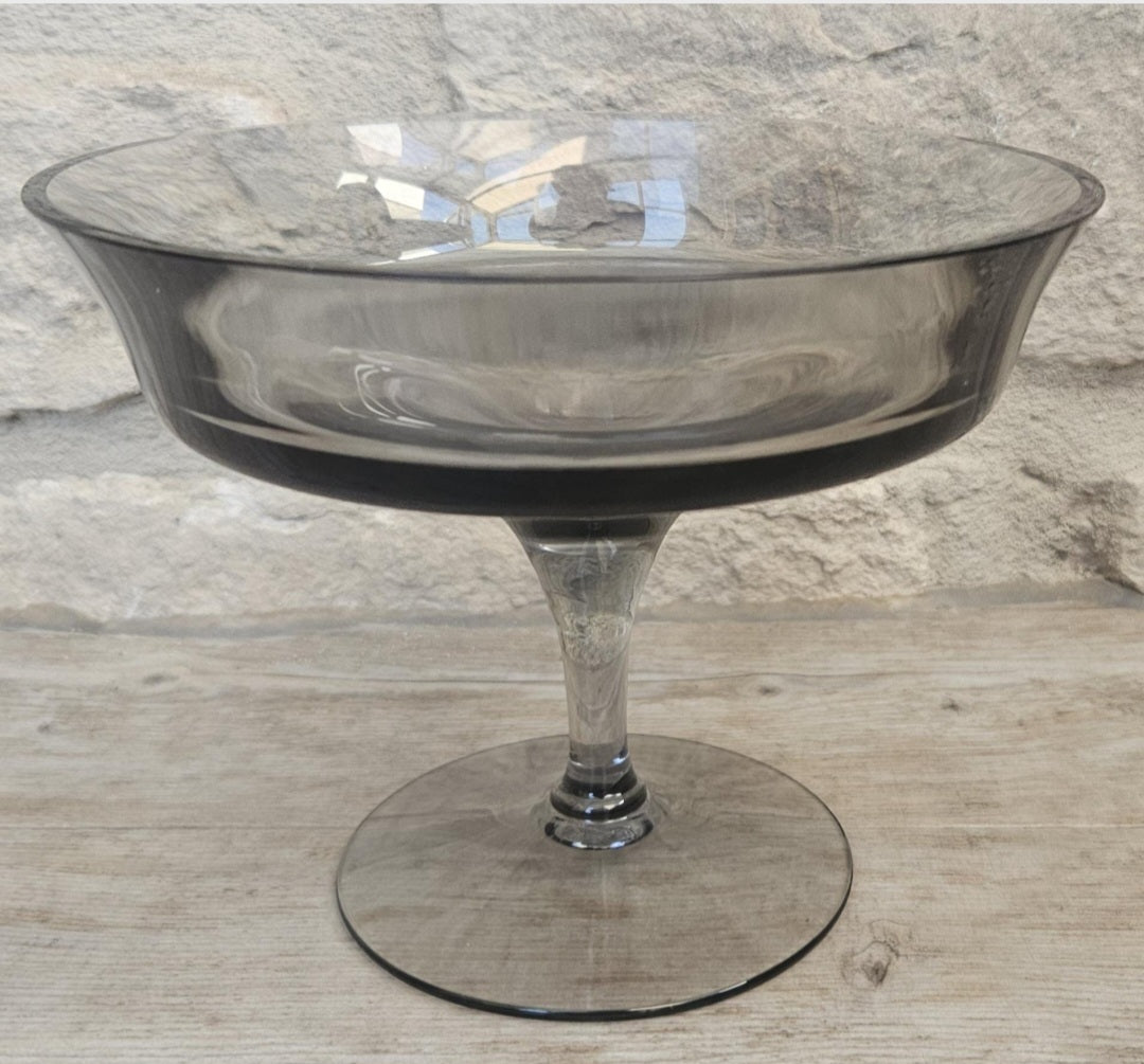 Midcentury Small Glass Compote Tazza By Wedgwood Smoky Glass Made in England Stamped