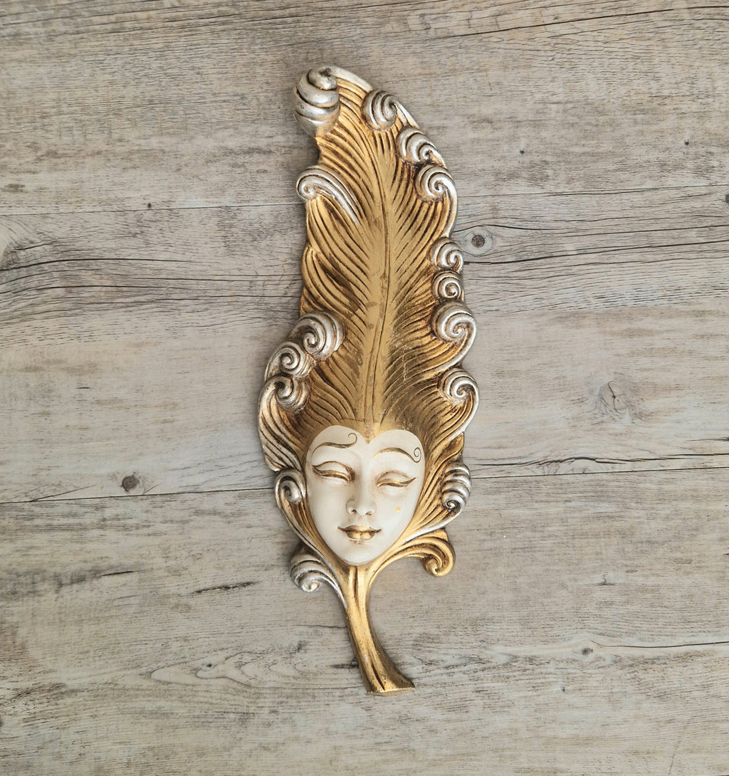 Vintage Venetian Wall Mask Feather Leaf Ceramic Gold Silver Made Italy 38cm Long
