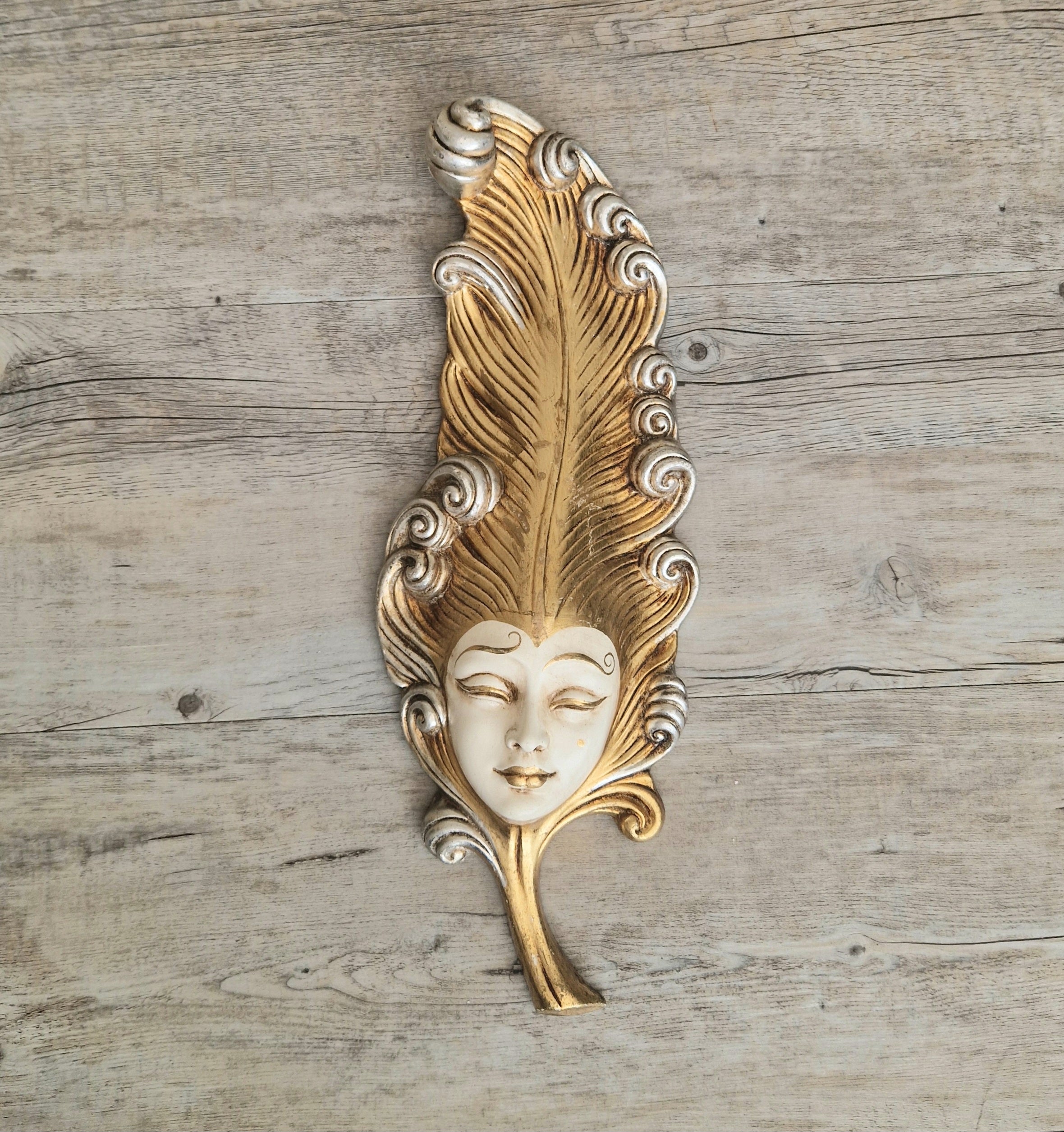 Vintage Venetian Wall Mask Feather Leaf Ceramic Gold Silver Made Italy 38cm Long